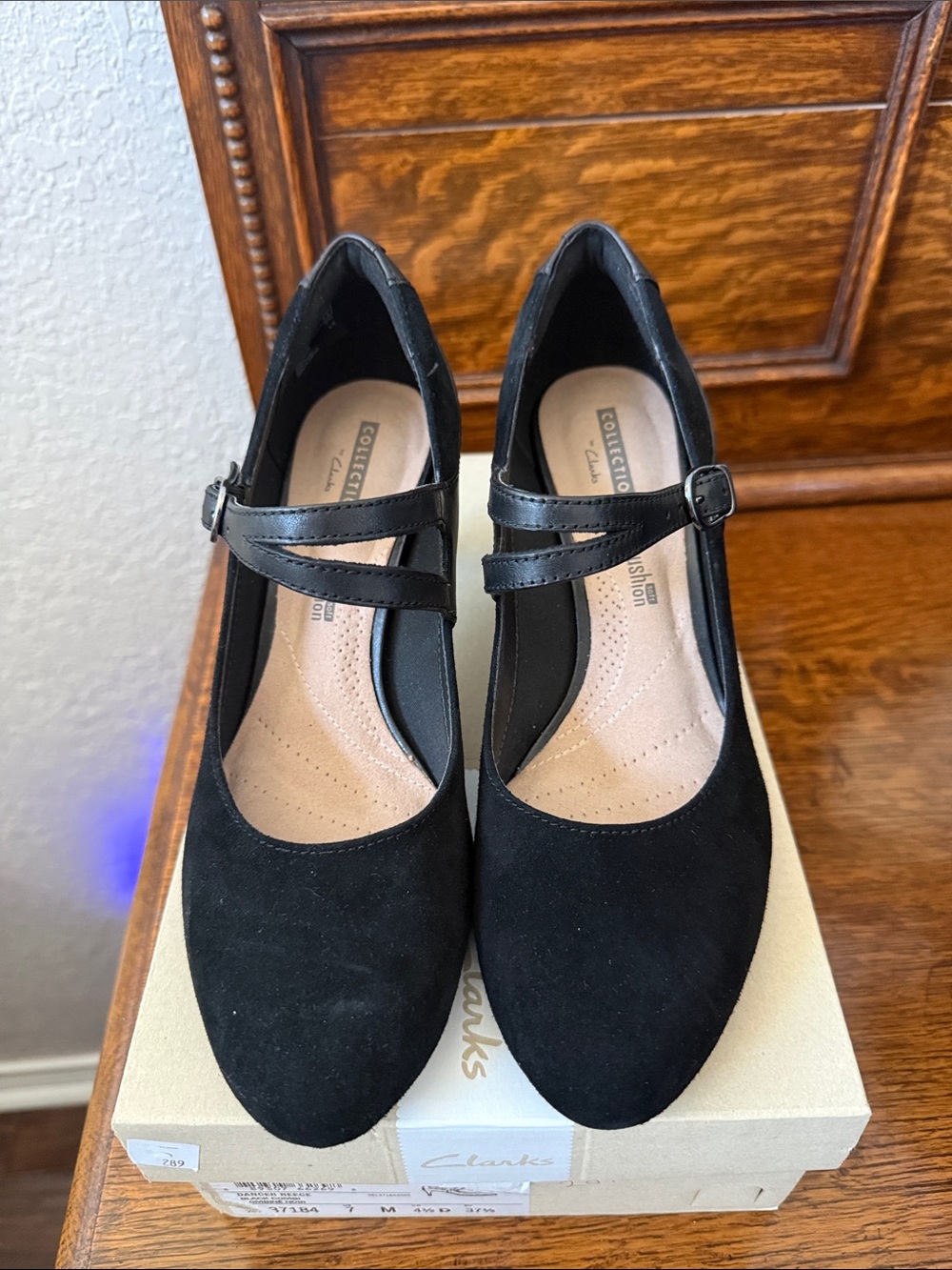 Clarks Black Suede Mary Jane Heels with Dual Straps